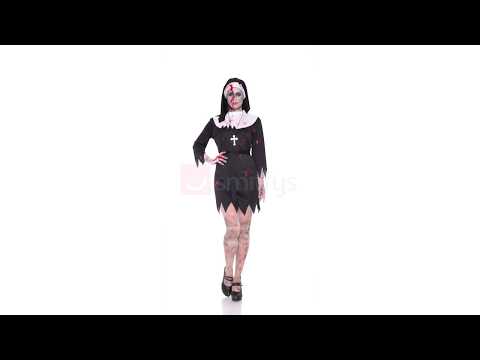 Women's Black And White Halloween Zombie Nun Sister Blood Splattered Fancy Dress Costume Video