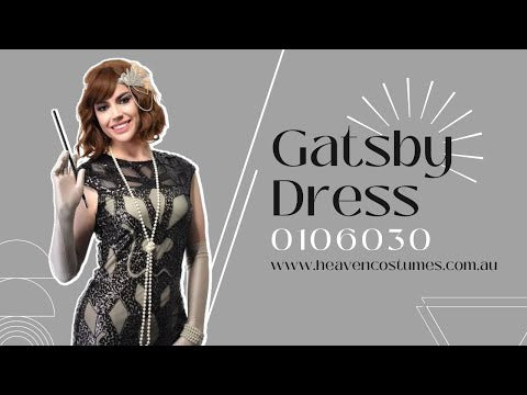 A person dancing and modelling this women's cream and black sequin 1920s Gatsby costume dress.