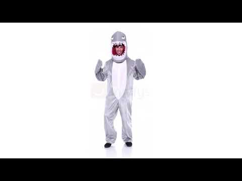 Men's Grey Hooded Shark Onesie Jumpsuit Fancy Dress Costume Product Video