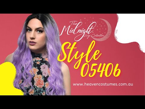 A video of a model wearing this purple wig with information about the wig on the side.