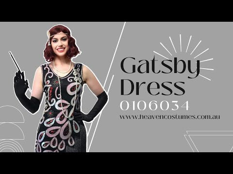 A person dancing and modelling this women's black, silver, and red sequin 1920s Gatsby costume dress.
