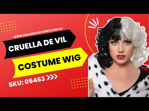A person dressed up as Cruella de Vil, modelling this black and white Cruella wig.