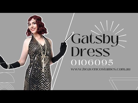 A person dancing and modelling this women's black and gold sequin 1920s Gatsby costume dress.