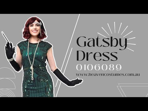 A person modelling this women's green and black sequin 1920s Gatsby costume dress.