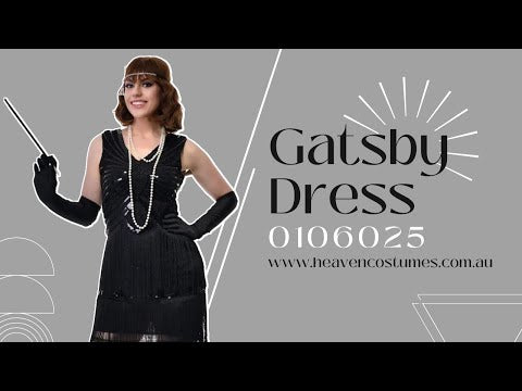 A person dancing and modelling this women's short black sequin 1920s Gatsby costume dress.