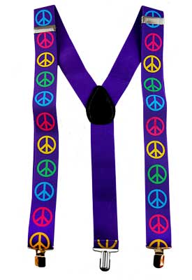 Neon Purple Hippie Costume Suspenders with Rainbow Peace Signs Print