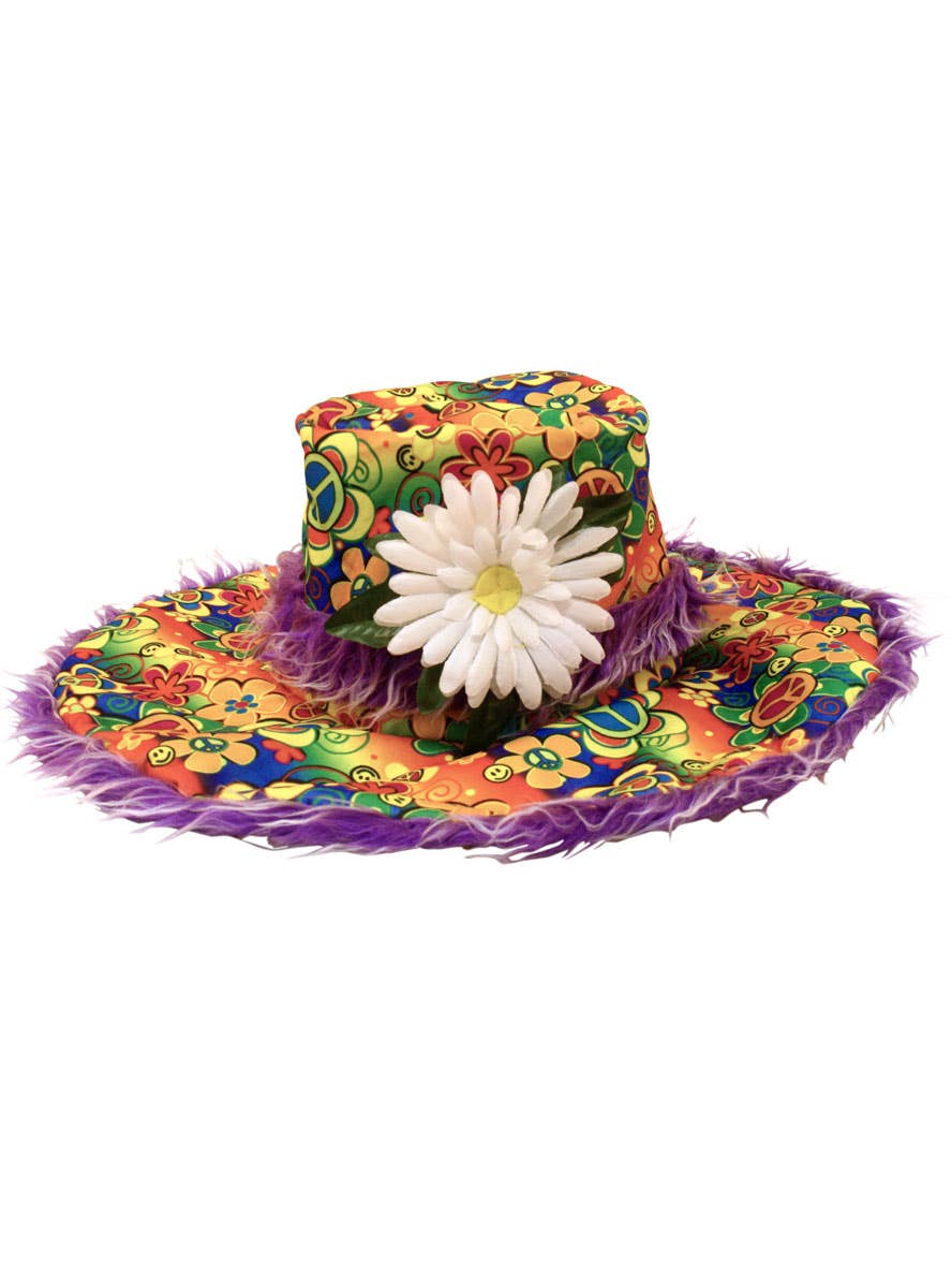 70s Rainbow Flower Hippie Costume Hat with Fur Trim