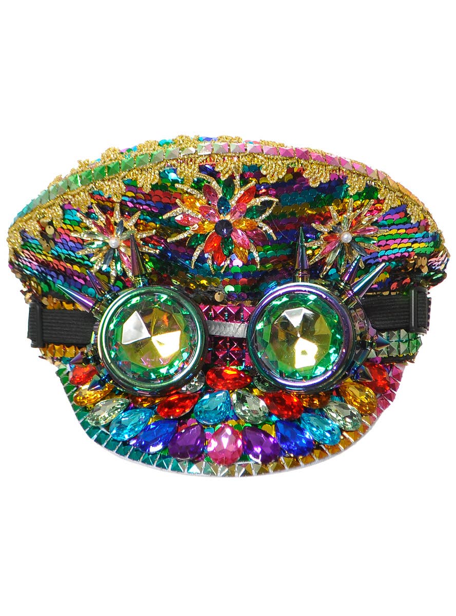 Image of Deluxe Rainbow Spiked Festival Hat with Goggles - Front View