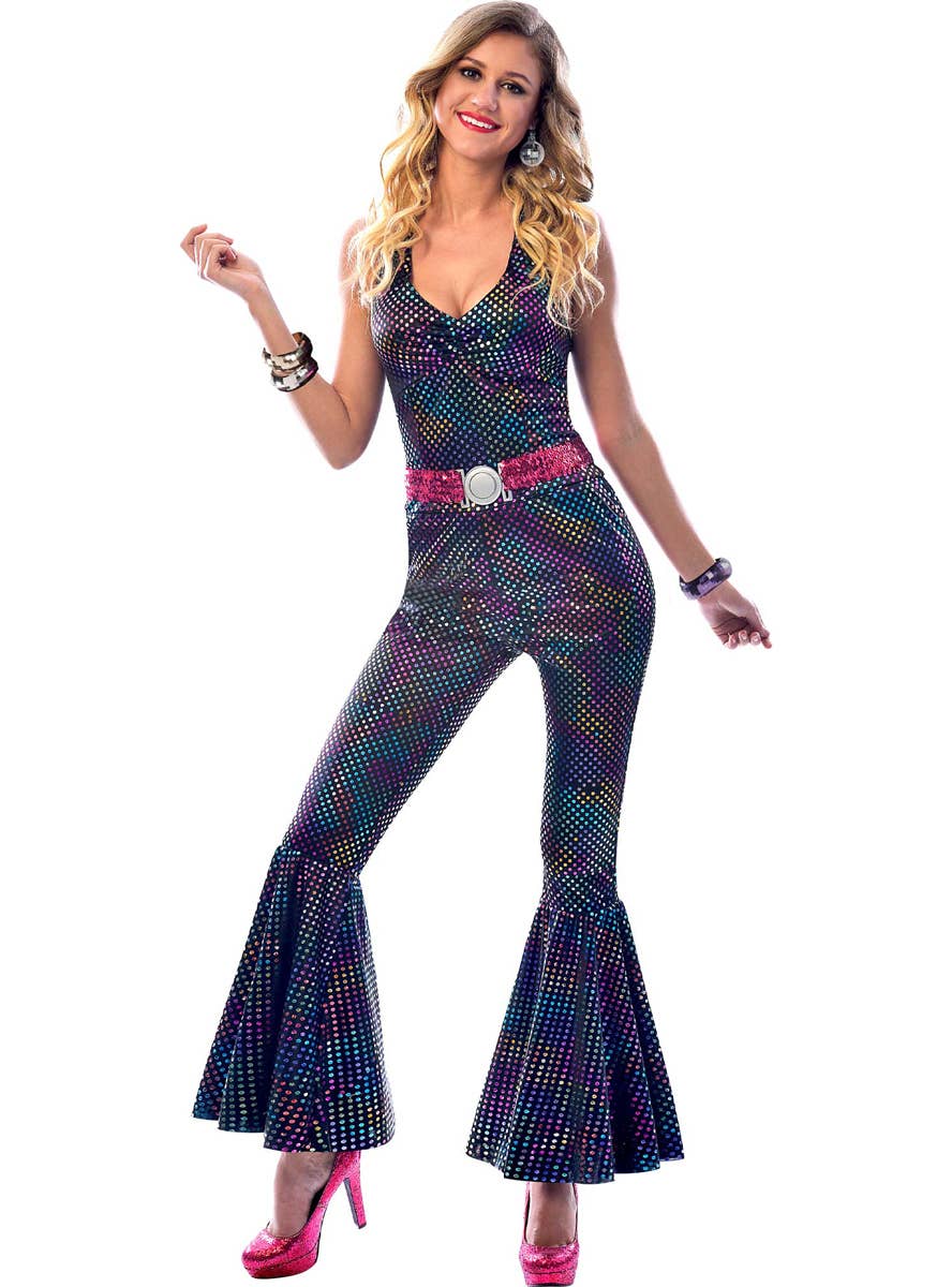 Womens 70s Disco Diva Rainbow Metallic Jumpsuit Costume