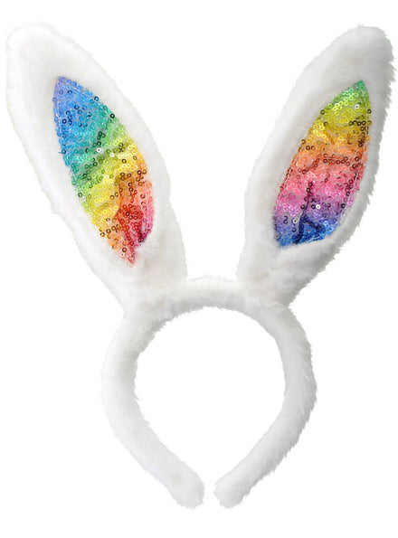 Image of Fluffy Rainbow Sequin Bunny Ears Costume Headband