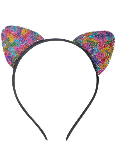 Image of Sparkly Rainbow Sequin Cat Ears Costume Headband - Main Image