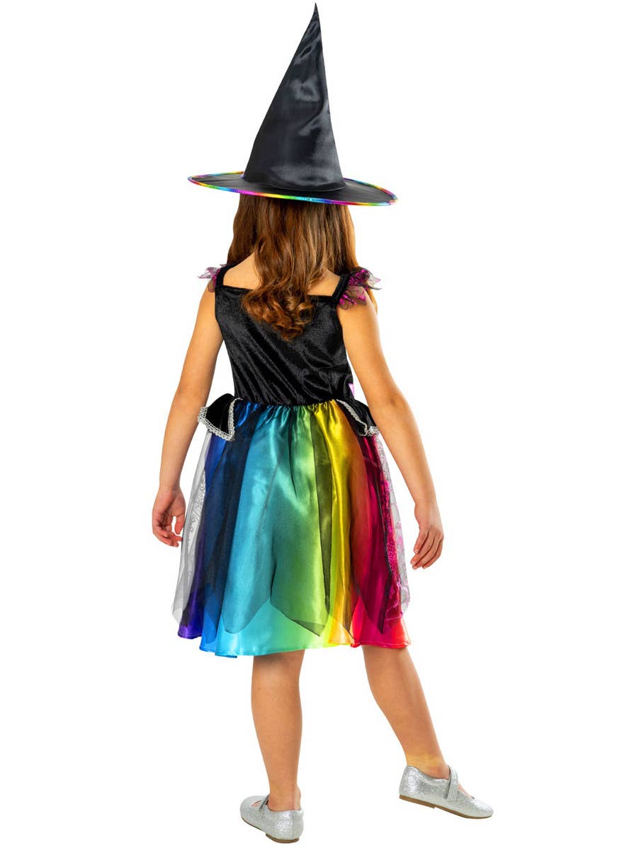 Image of Sparkly Rainbow Barbie Witch Girls Halloween Costume - Back View