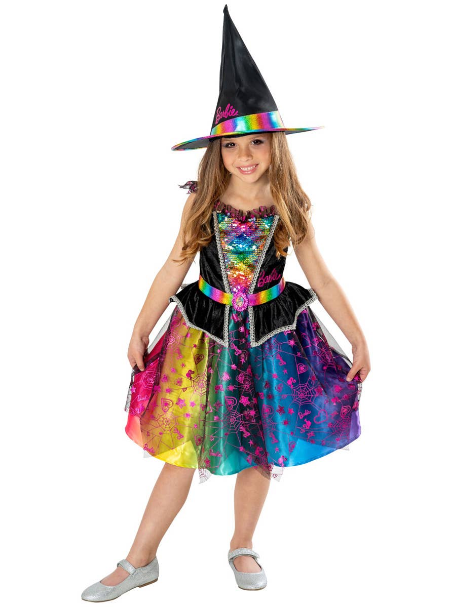 Image of Sparkly Rainbow Barbie Witch Girls Halloween Costume - Front View
