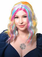 Image of Pastel Rainbow Wavy Mid Length Womens Costume Wig - Front View