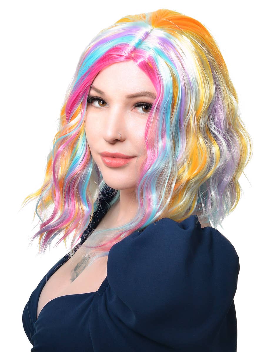 Image of Pastel Rainbow Wavy Mid Length Womens Costume Wig - Side View