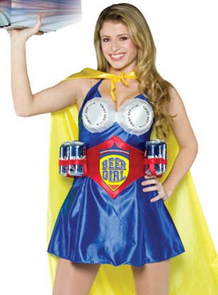 Funny Women's Beer Girl the Superhero Fancy Dress Costume Close Up View