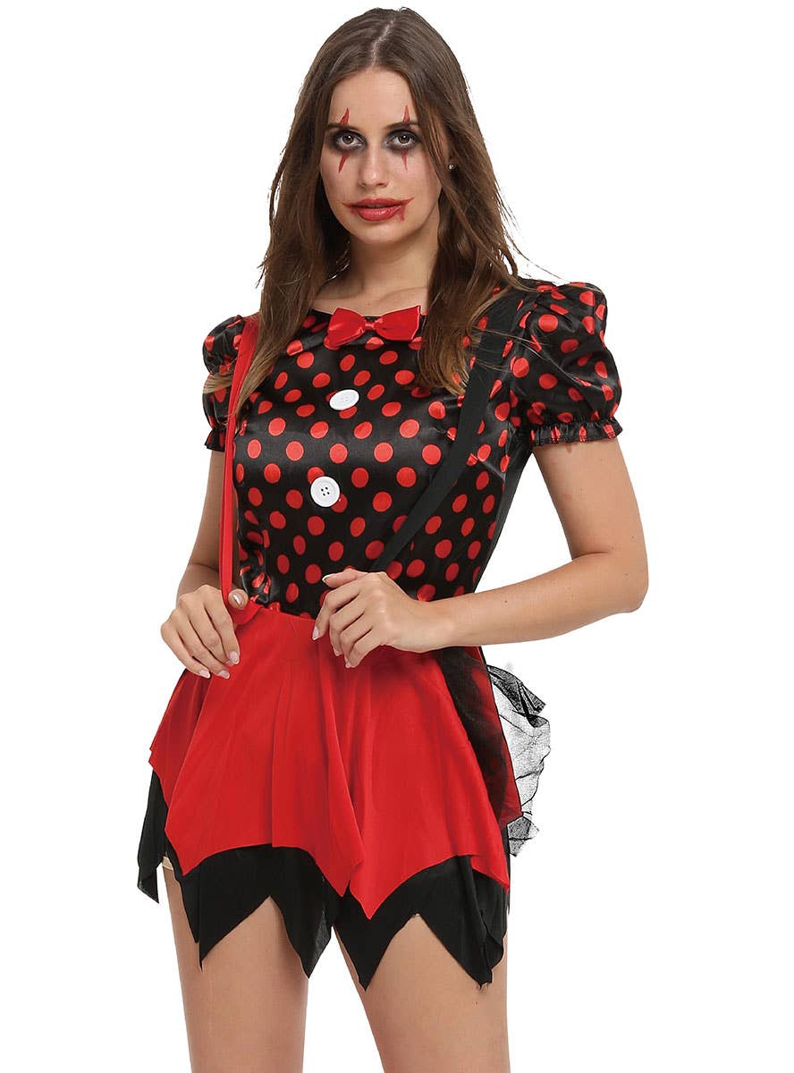 Image of Harlequin Clown Women's Red and Black Costume - Close Image