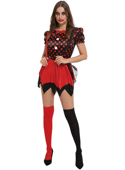 Image of Harlequin Clown Women's Red and Black Costume - Front Image