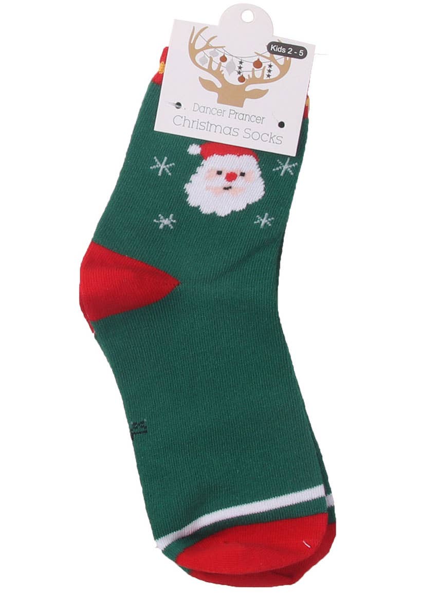 Image of Santa Print Kids Novelty Green Christmas Socks