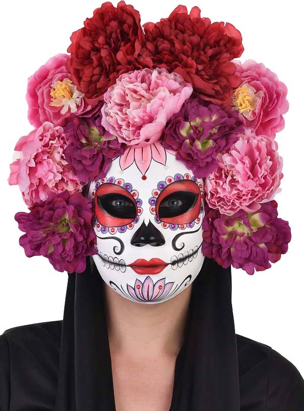 Image of Day of the Red Pink Flower Sugar Skull Costume Mask