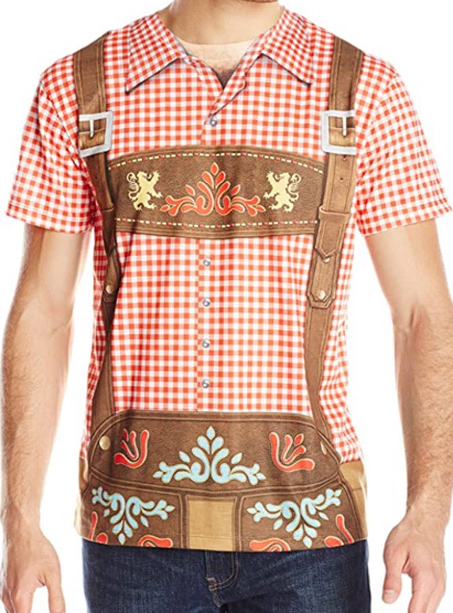 Image of Chequered Red and White Oktoberfest Men's Costume Shirt - Front View
