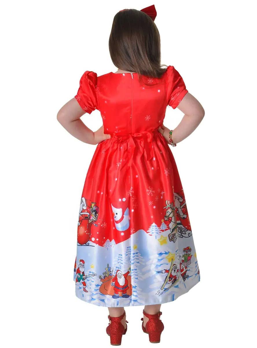 Image of Deluxe Red and White Santa Print Girl's Christmas Dress - Back View