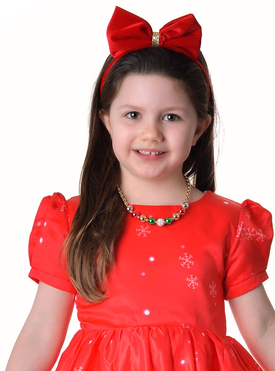 Image of Deluxe Red and White Santa Print Girl's Christmas Dress - Close View 1