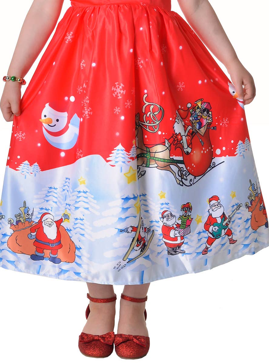 Image of Deluxe Red and White Santa Print Girl's Christmas Dress - Close View 2