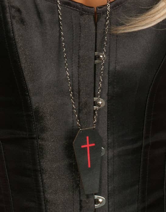 Women's Leather Black Coffin Necklace With Red Crosses On Chain Halloween Costume Jewellery Close Up Image 2