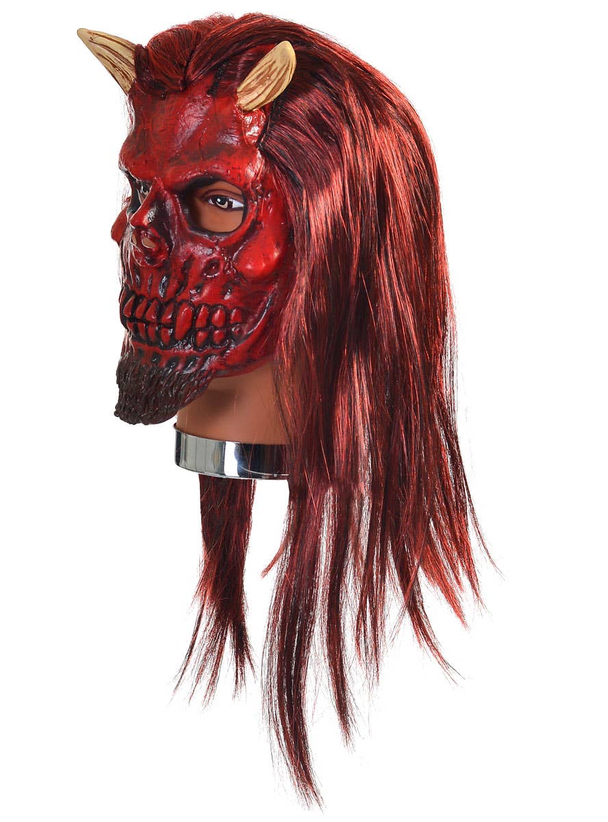 Image of Deluxe Rubber Latex Devil Halloween Costume Mask with Hair - Side View