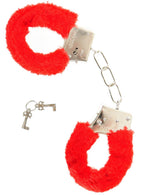 Image of Furry Red Novelty Silver Metal Handcuffs with Keys