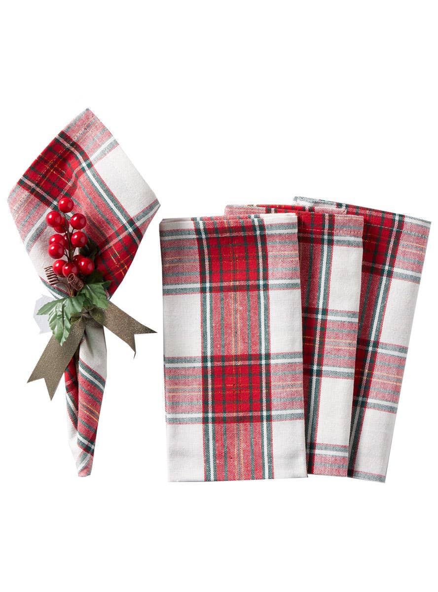 Image of Red and Green Tartan Cotton 4 Pack Christmas Napkins