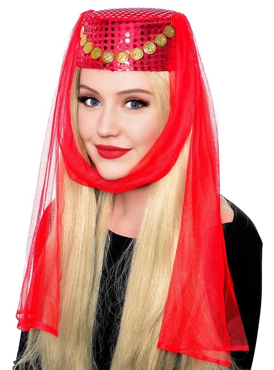 Red Veiled Arabian Harem Women's Pill Box Costume Accessory Hat