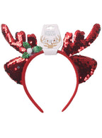 Image of Sequinned Red Reindeer Ears and Antlers Christmas Headband