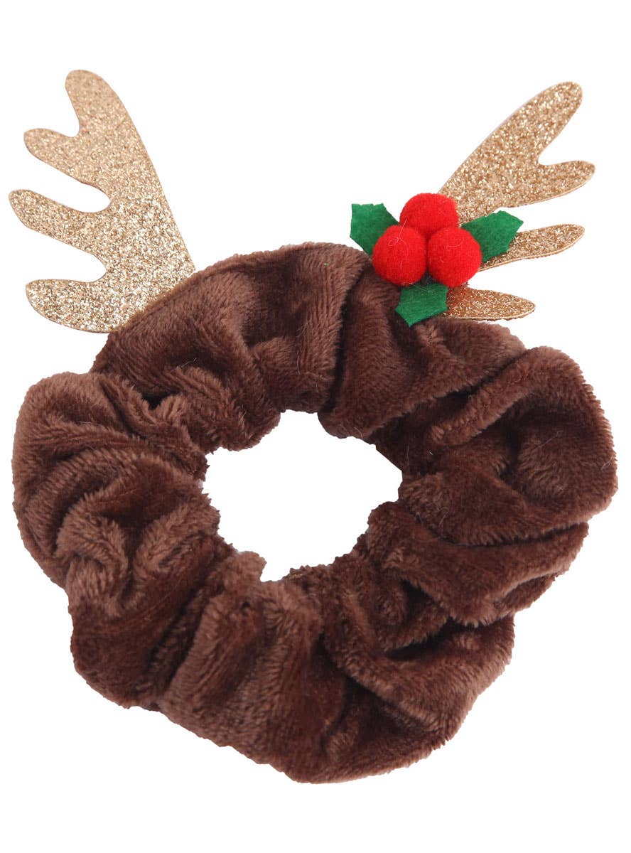 Image of Cute Brown Reindeer Christmas Scrunchie with Antlers