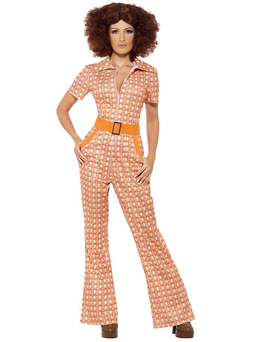 70's Chic Women's Retro Orange Jumpsuit Costume - Front View 