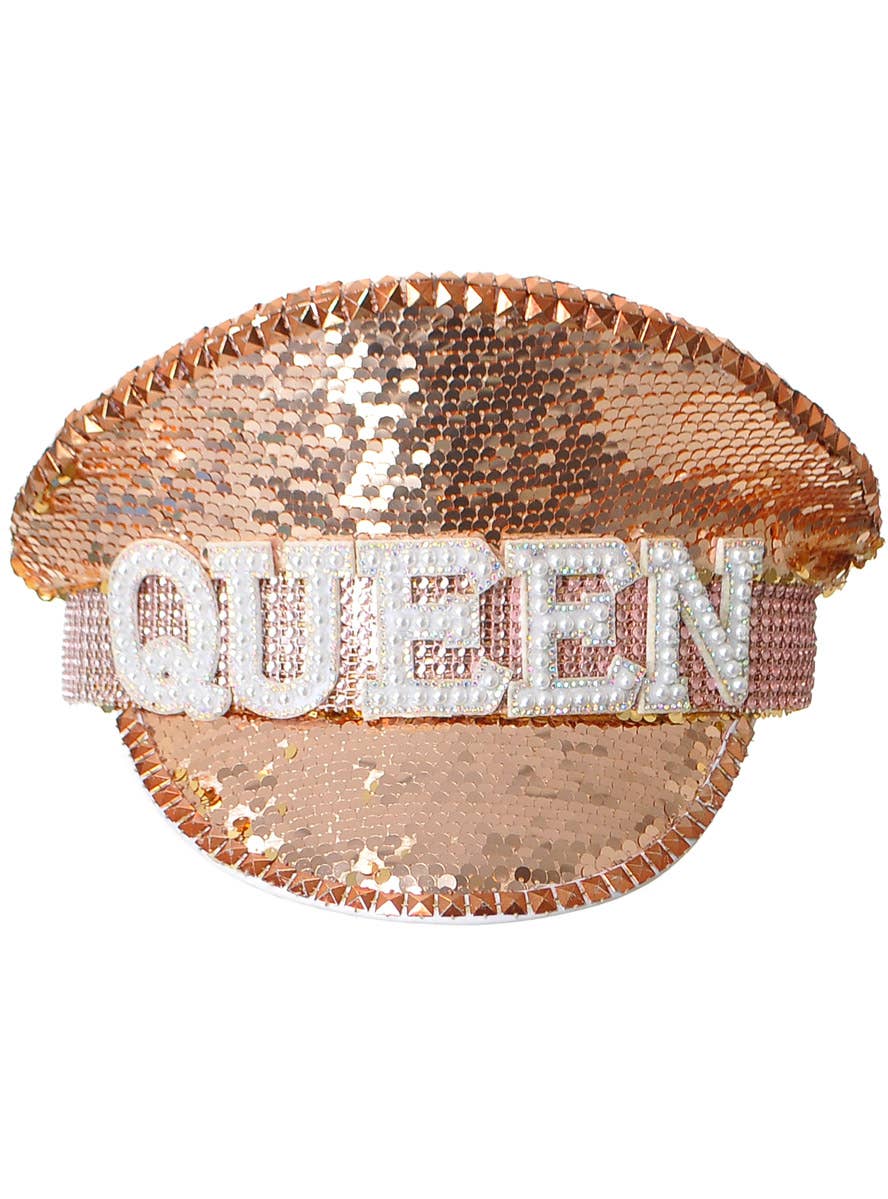 Image of Deluxe Rose Gold Sequin Queen Festival Hat - Front View