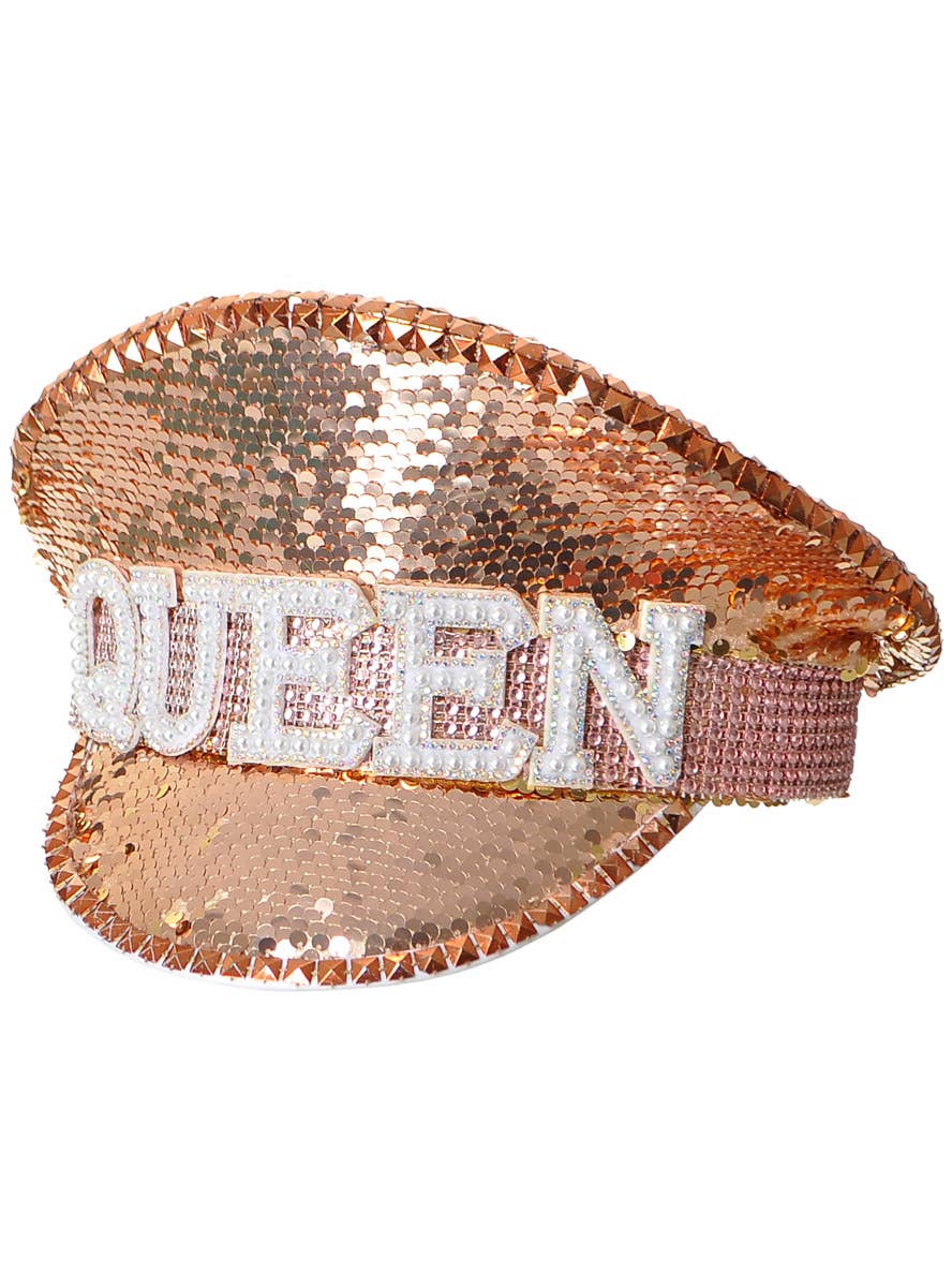 Image of Deluxe Rose Gold Sequin Queen Festival Hat - Side View