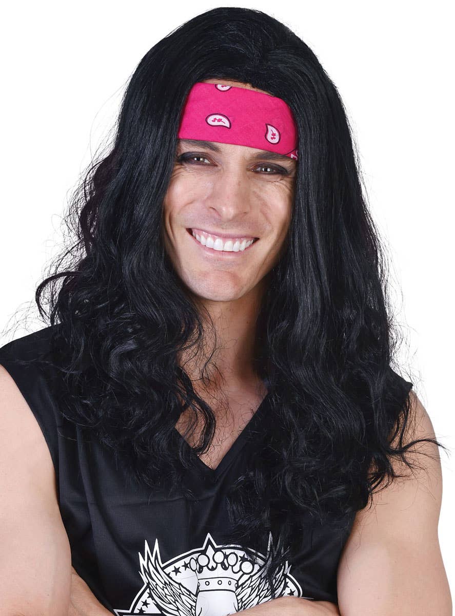 Image of Ritchie Men's Long Black Costume Wig and Bandanna