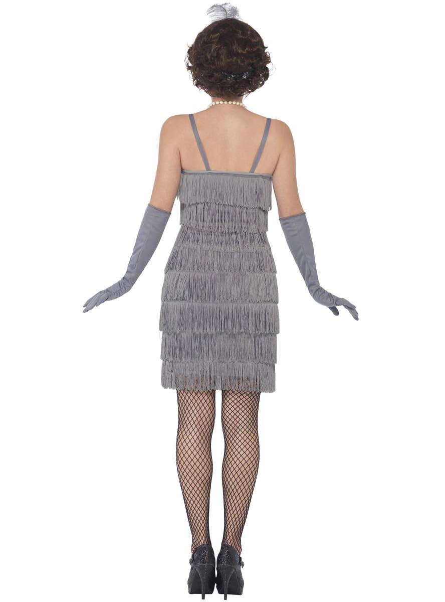 Image of 1920s Short Grey Fringed Womens Flapper Dress Costume - Back View