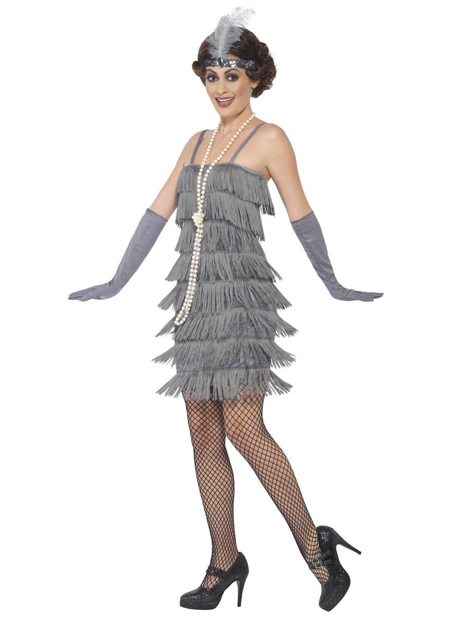 Image of 1920s Short Grey Fringed Womens Flapper Dress Costume - Side View