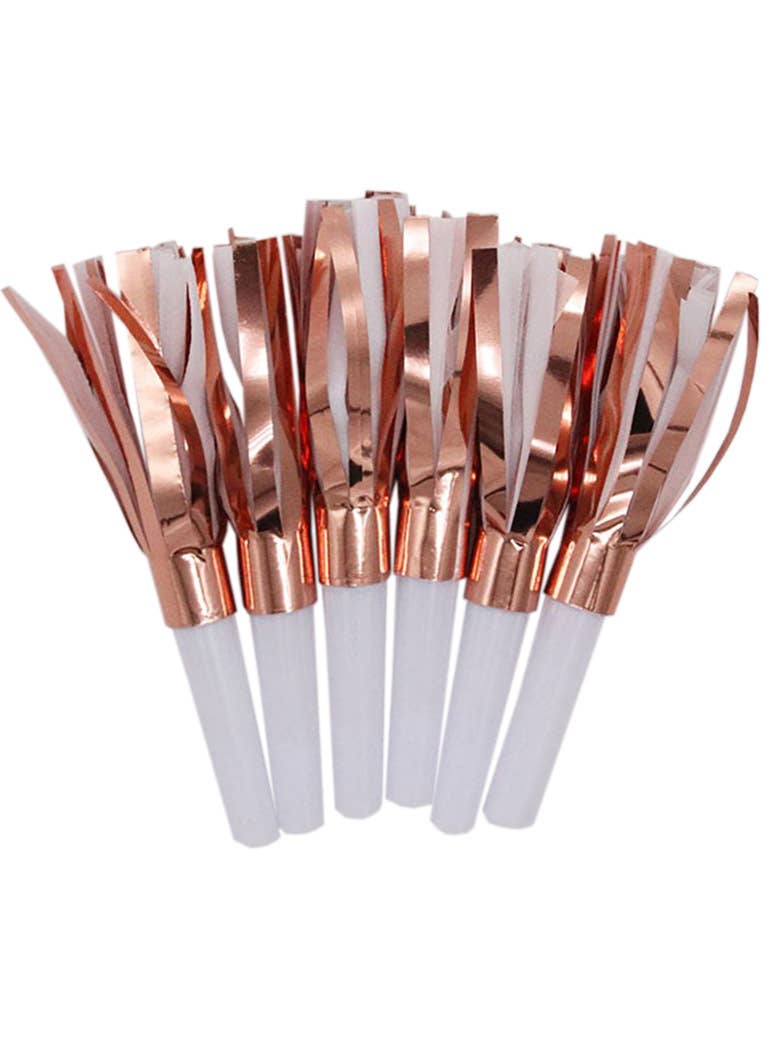 Image of Rose Gold Party Blower Horns 6 Pack