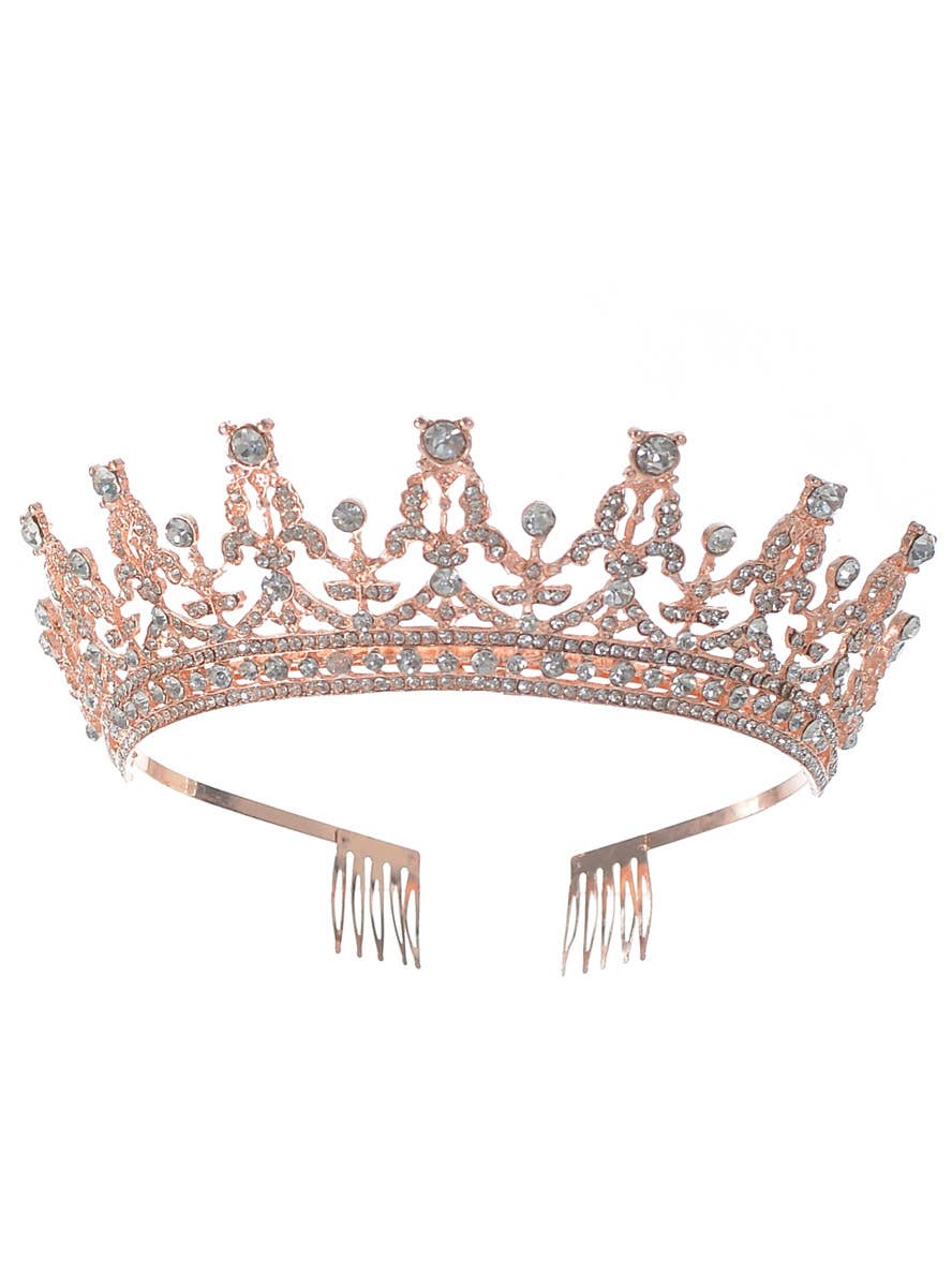 Image of Fancy Rose Gold Metal Rhinestone Queen Costume Crown - Main Image