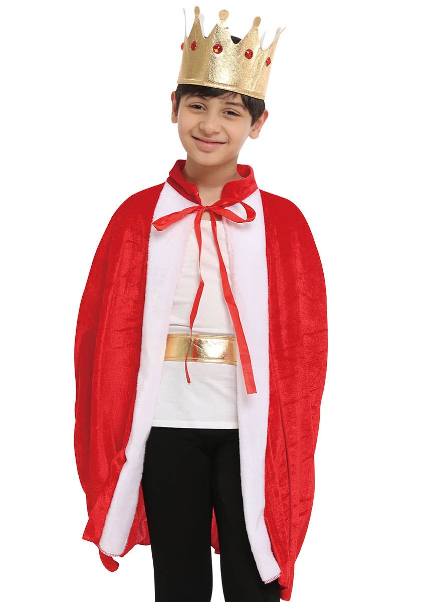 Image of Royal King Boy's Red Velvet Costume Cape and Crown - Close View