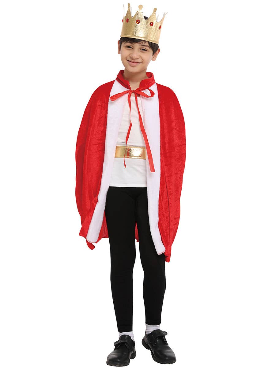 Image of Royal King Boy's Red Velvet Costume Cape and Crown - Front View