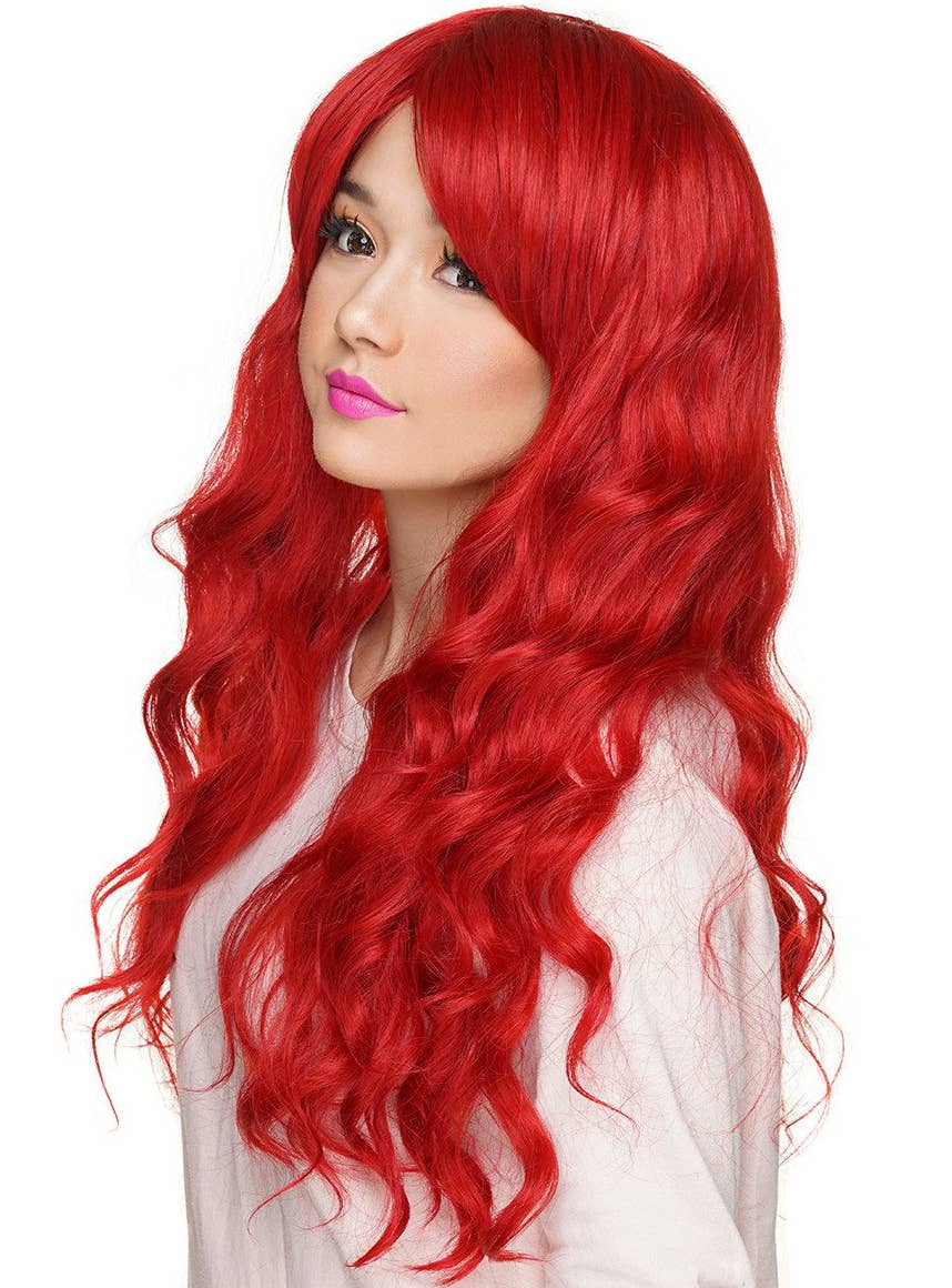 Deluxe Crimson Red 28 Inch Classic Wavy RockStar Wig Side Image