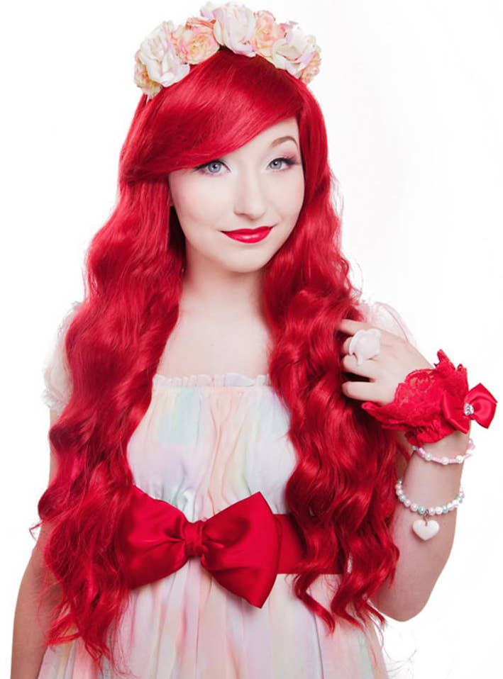 Deluxe Crimson Red 28 Inch Classic Wavy RockStar Wig Alternate Front Image