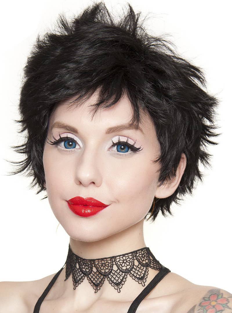 Women's Sassi Short Spikey Black Rockstar Costume Wig Front Image