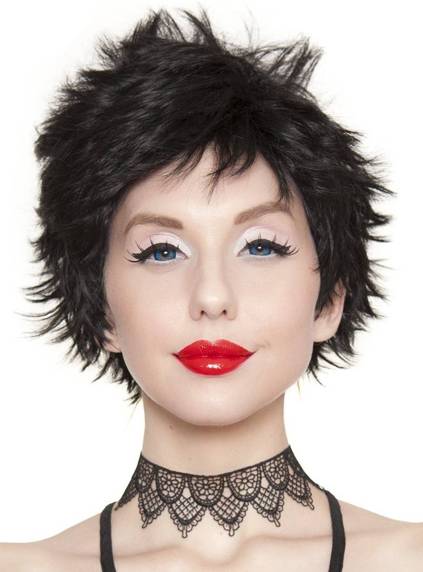 Women's Sassi Short Spikey Black Rockstar Costume Wig Alternate Front Image