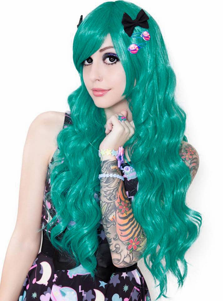 Women's Deluxe Long Teal Green Wavy Fashion Wig with Fringe Alternate Image 2